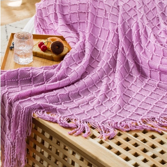 Light Purple Colorful Home/Dorm Tassel Knit Throw Cozy Fringe Patterned Blanket - Picture 4 of 16